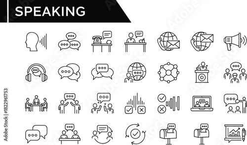Speaking and communication line icons, global messaging, conversation symbols, discussion teamwork illustrations, public speaking, dialogue and interaction concept graphics