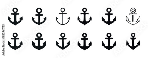 Set of twelve black and white anchor icons in various styles