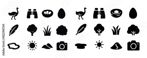 Birdwatching icons: ostrich, binoculars, eggs, feathers, nature