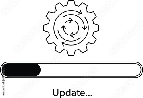 Software update progress bar with gear icon, system upgrade loading screen, technology maintenance illustration, digital interface update process graphic