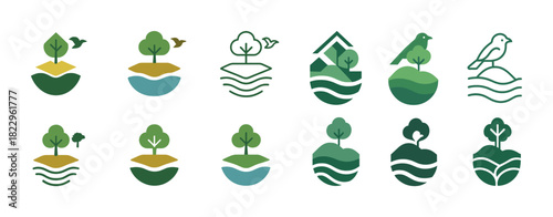 Abstract nature icons: trees, birds, and water elements in green tones