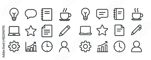 Minimalist office icons set: light bulb, speech bubble, coffee, notebook, gear, graphs
