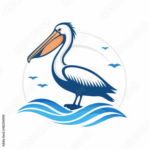 Stylized Pelican Standing on Waves with Birds and Sun.