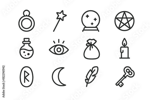 Mystical Charm Icons. Magical charm icons. Line outline icon set of magical charm icons: amulet, wand, crystal