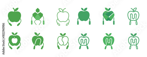 Collection of green apple logos with headphones - minimalist fruit design