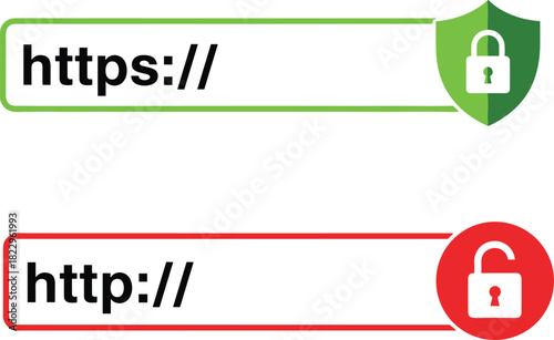 Secure and insecure website connection icons showing https and http, padlock symbols, online security awareness, safe browsing, internet protection, warning