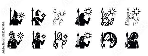 Set of warrior icons with spear and sun