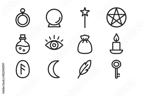 Mystical Charm Icons. Mystical charm icons. Line outline icon set of mystical charm icons: amulet, crystal