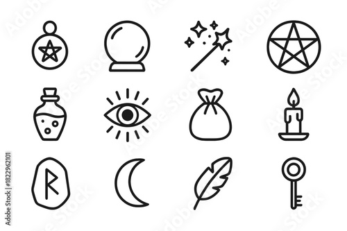 Mystical Icon Set. Magic and mysticism icons. Line outline icon set of magic and mysticism icons: amulet,