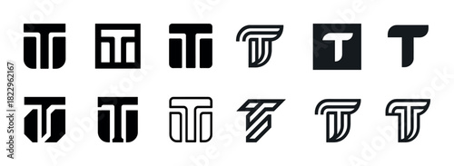 Bold black and white letter t logo designs in various styles and shapes