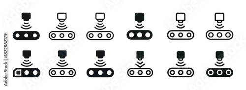 Conveyor belt icons with sensor technology in black and white design