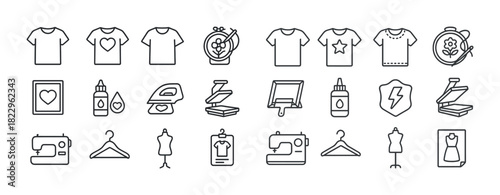 Clothing and craft tools: t-shirts, embroidery, sewing, and ironing icons set