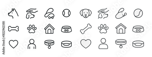 Dog icon set: bones, bowls, collars, paws, hearts, people - outlined pet graphics