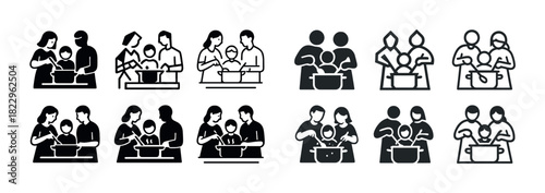 Icon set of diverse families cooking together in the kitchen