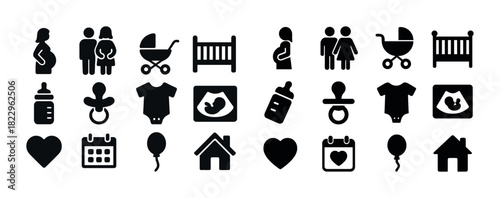 Baby and family icons: stroller, crib, ultrasound, bottle, pacifier, heart, calendar
