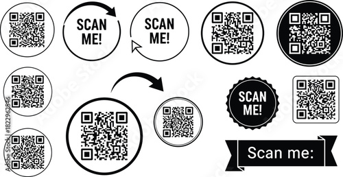 QR code labels, scan me icons, marketing prompts, digital interaction, circular frames, arrows, banners, rectangular tags, vector design, promotional graphics, mobile scan, QR templates, scan symbols