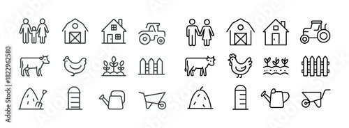 Farm life icons set: animals, buildings, tools, and plants