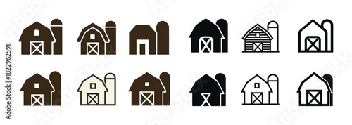 Various barn silhouettes: classic farm building icons in different styles