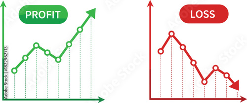 Profit and loss chart illustration, financial comparison graphic, business analytics diagram, rising profit trend, declining loss graph, economic performance visualization