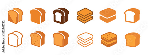 Variety of bread icons: sliced and whole bread illustrations in different shapes and colors