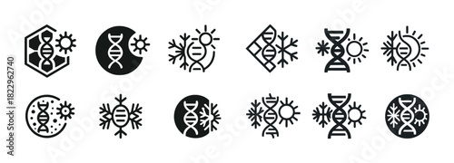 Dna helix icons with sun and snowflake elements in black and white