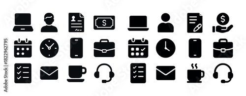 Silhouette icons set: office, communication, finance, technology, and time management