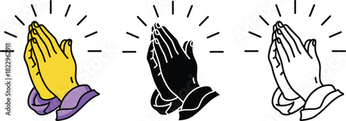 Praying hands illustration set, worship gesture icons, blessing and gratitude symbols, faith and religion graphics in three artistic styles, vector