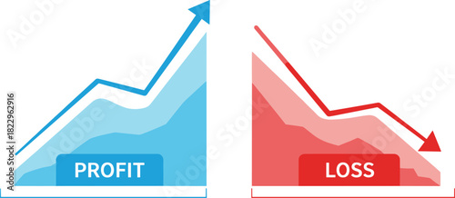 Profit and loss comparison chart, financial growth and decline infographic, business performance analysis, investment trend visualization, economic progress metrics, arrow graph design