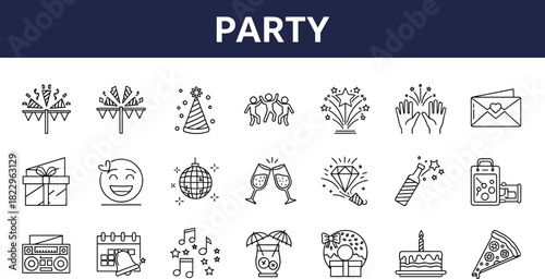 Party celebration icon set with festive symbols, birthday elements, party decorations, food and drink graphics, celebration line icons collection, vector pack