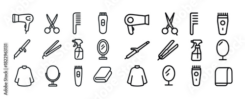 Icon set of haircare and grooming tools including scissors, mirror, and comb