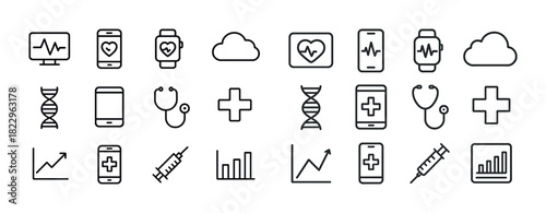 Healthcare icons: heartbeat, stethoscope, dna, graphs, cloud