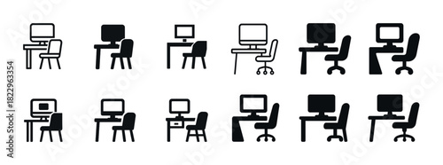 Collection of workstation and desk chair silhouette icons