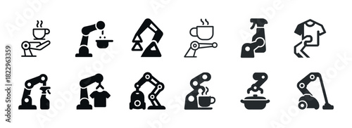 Robotic arm icons: coffee, cooking, cleaning, laundry automation