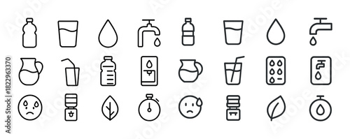 Water icons: hydration, droplet, bottle, glass, tap, leaf, timer