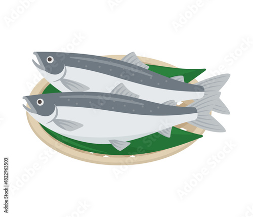 ざるに盛られた鮭,フラットイラスト