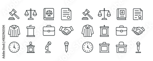 Legal icons set: gavel, scales, documents, microphone, podium, handshake, clock