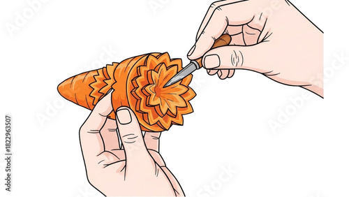 Carrot Flower Carving – Black Outline Colorful Art of Hands Shaping Delicate Culinary Bloom