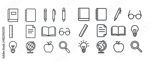Outlined educational icons: books, pencils, notebooks, light bulbs, globes, and more