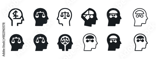 Set of legal and analytical icons featuring brain and scales elements in profile heads