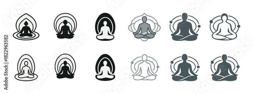 Meditative icon set: diverse yoga and meditation silhouettes in various designs