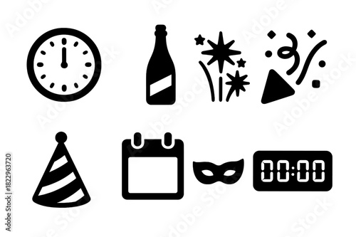 New Year's Eve Icons. New Year?s Eve. Filled icon set of New Year?s Eve: clock at midnight, champagne bottle,