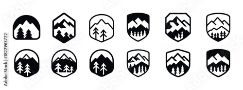 Black and white mountain and tree icons collection