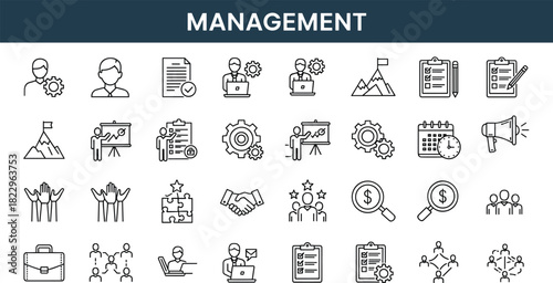 Management icon set, business strategy, leadership symbols, planning vector, teamwork, goal setting, communication, productivity, black and white, corporate