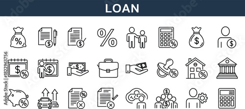 Loan icons, finance symbols, interest rate, banking, mortgage, payment, credit, debt, money, calculator, document, calendar, piggy bank, bank building, car loan, house loan