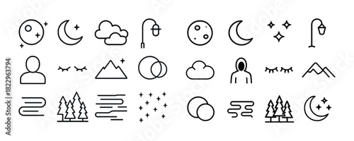 Minimalist night and nature icons with moon stars cloud tree designs