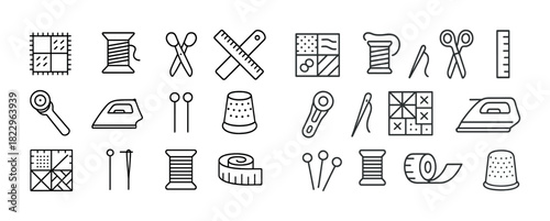 Sewing and quilting tools: scissors, needle, thread, ruler, iron, tape, thimble, rotary cutter