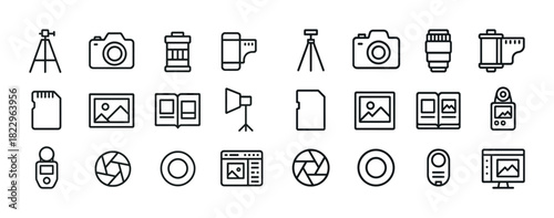 Photography icons set: camera, tripod, lens, and memory card designs