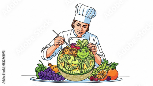 Melon Carving – Colorful Black Outline Artwork of Food Artist Shaping Detailed Fruit Sculpture