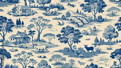 Elegant, hand-drawn indigo blue and cream toile de Jouy seamless pattern. Pastoral scene with rustic cottages, fields, grazing animals, and forest trees. Traditional vintage wallpaper and fabric print