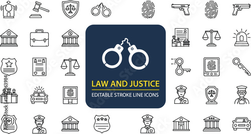Law and justice line icons set featuring police symbols, court elements, handcuffs, scales, crime investigation graphics, legal system illustration collection